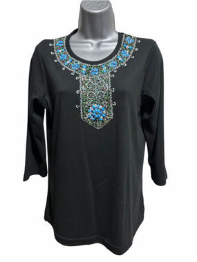 Quacker Factory Black Beaded Jeweled Neckline Top XS